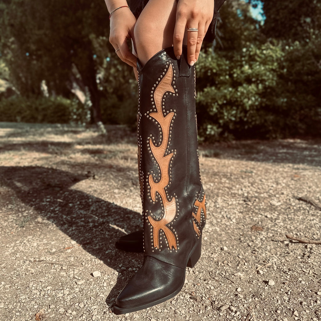 High Texans with Gold Studs and Leather Trim Nubuck Leather Western Boots - 2