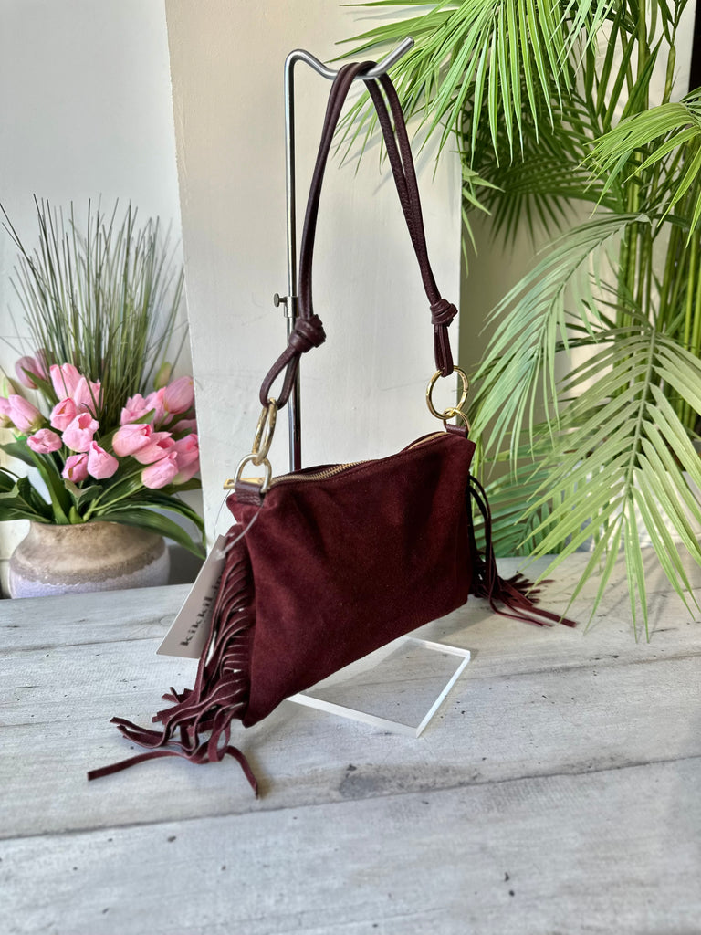 Borsa a Spalla con Manici in Pelle Frange Laterali Marrone Bordeaux - 2