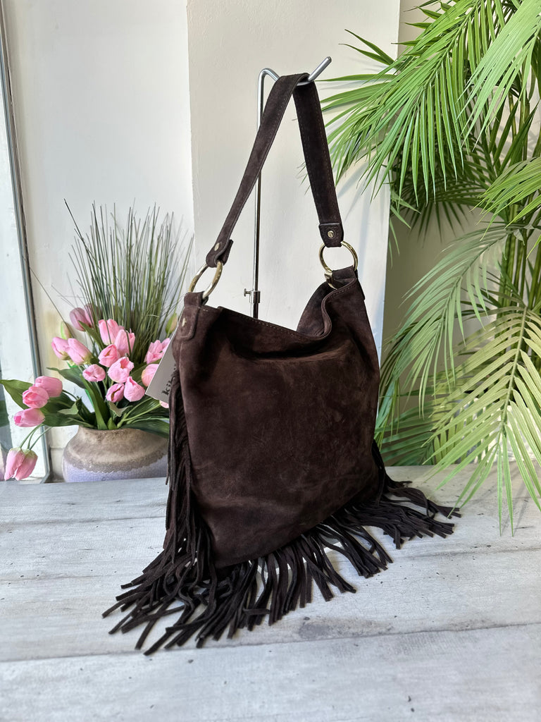 Borsa Grande Frange Pelle Scamosciata Marrone Rettangolare con Anelli e Tracolla - 2