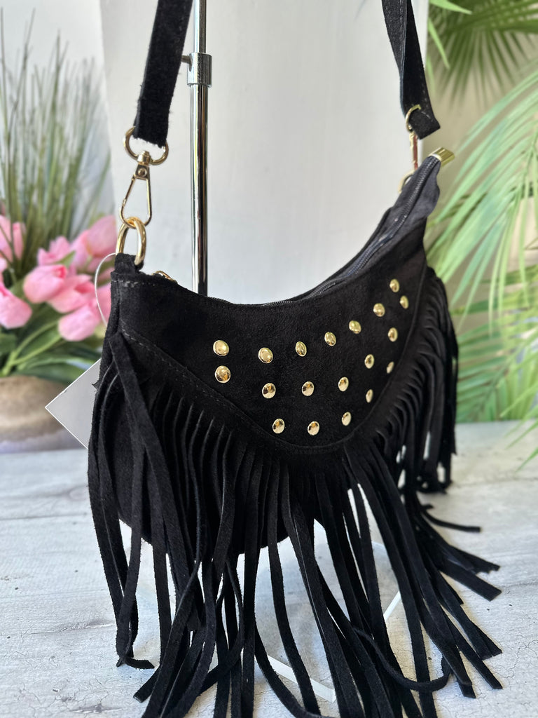 Black Suede Crossbody Bag with Studs Fringes - 2