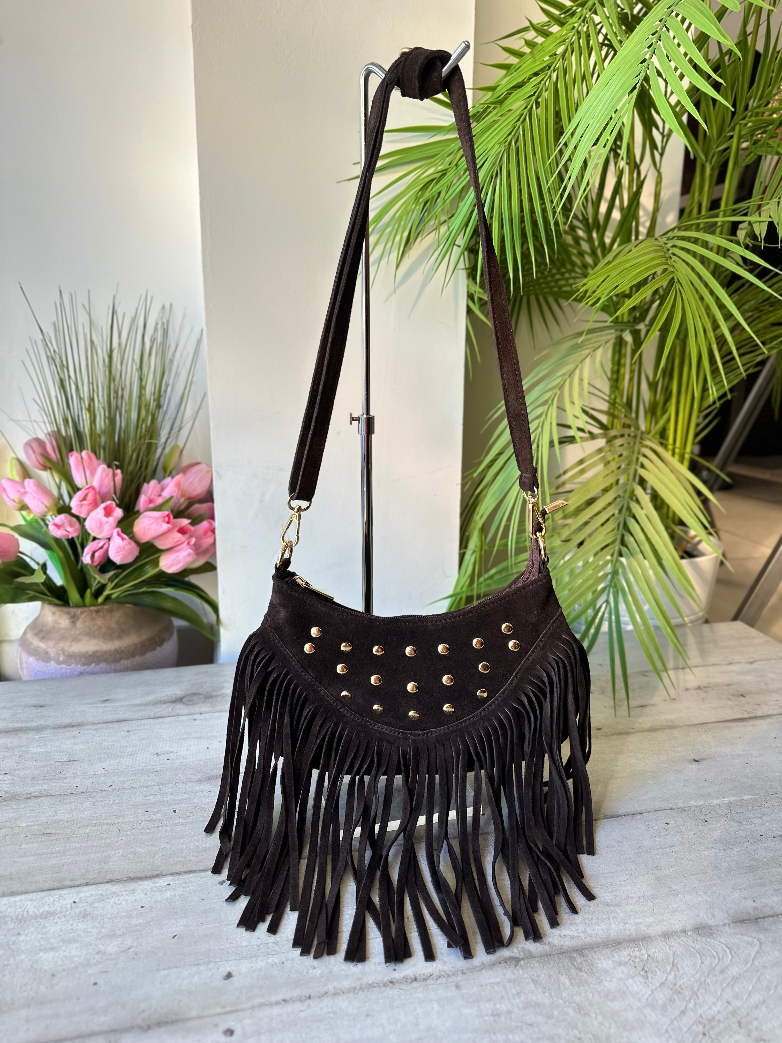 Sac Bandoulière Daim Marron avec Clous Franges – KikkiLine Calzature
