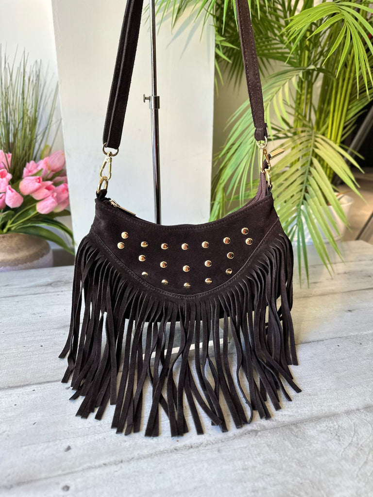 Sac Bandoulière Daim Marron avec Clous & Franges - 2