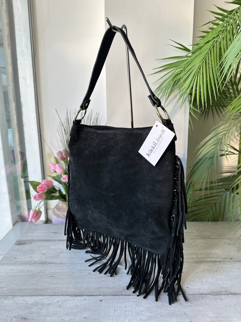 Borsa Grande Frange Pelle Scamosciata Rettangolare con Anelli e  Tracolla - 2