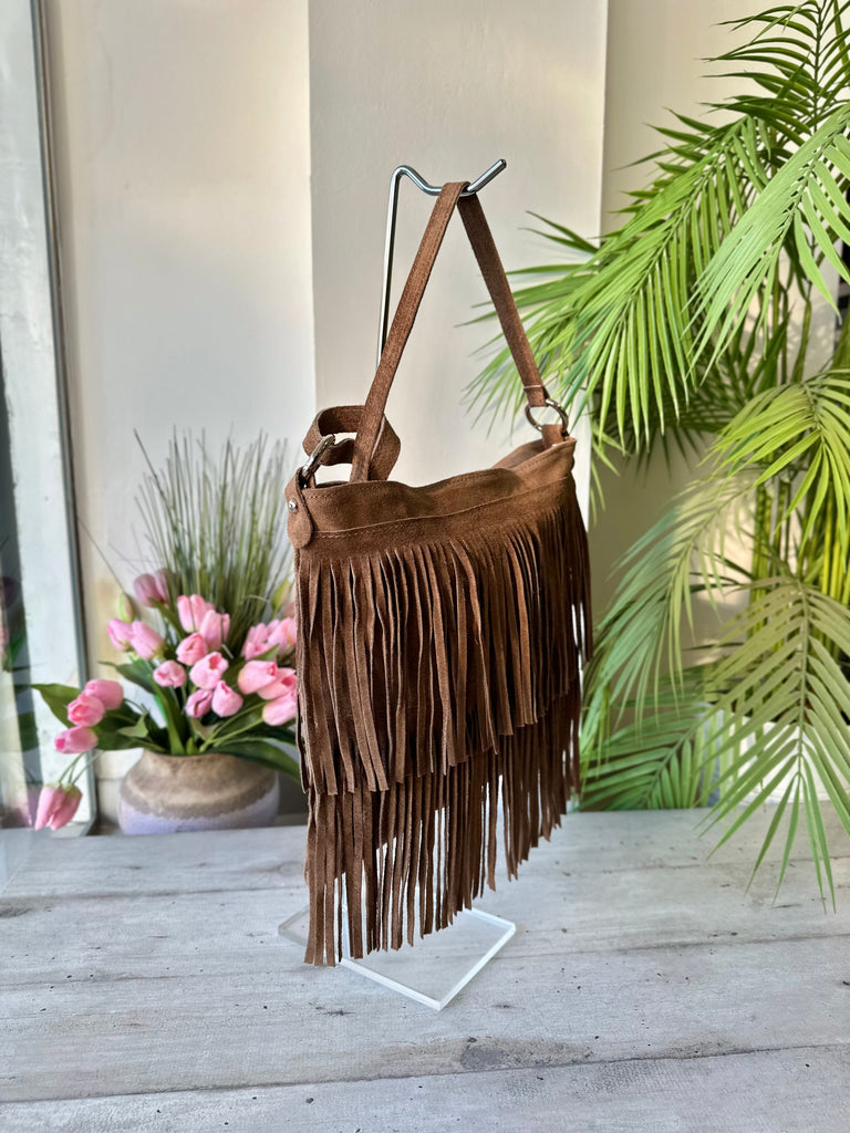 Braune Wildleder-Tasche mit Fransen und Silberringen – Cowboy Style FENICE - 2