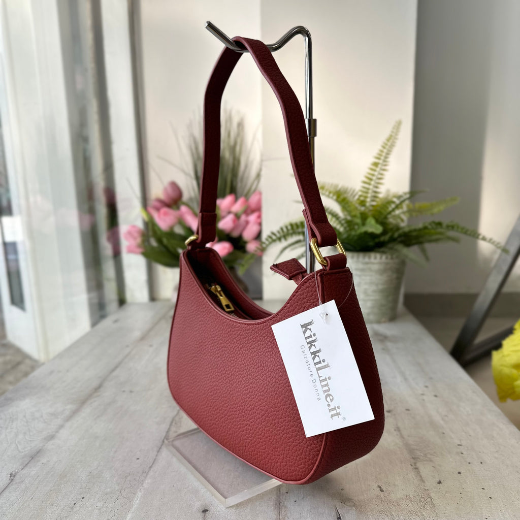 Borsettina in Similpelle Rigida a Mezzaluna A Spalla Midi Rosso Bordeaux - 3
