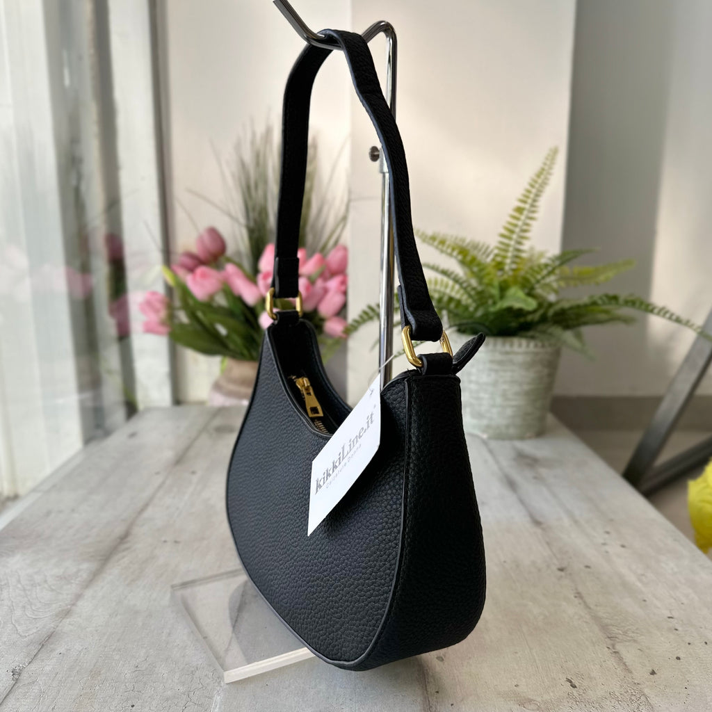 Black Midi Shoulder Crescent Hard Faux Leather Purse - 4