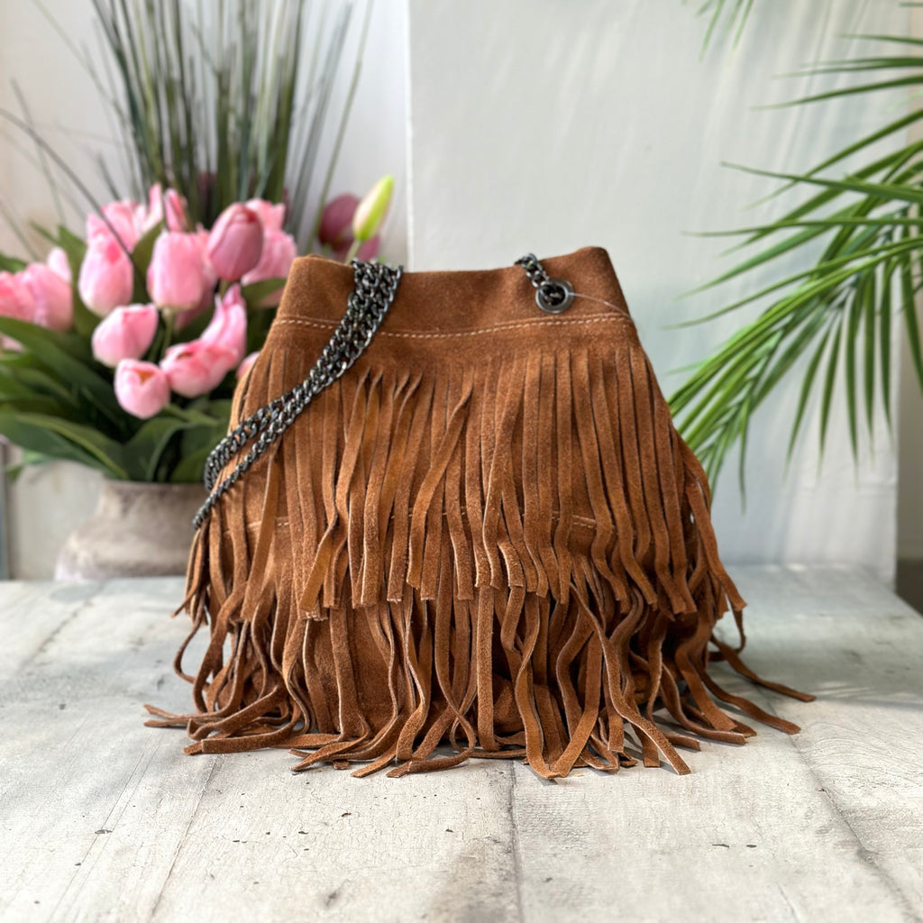 Bucket Bag with Leather Fringes in Suede