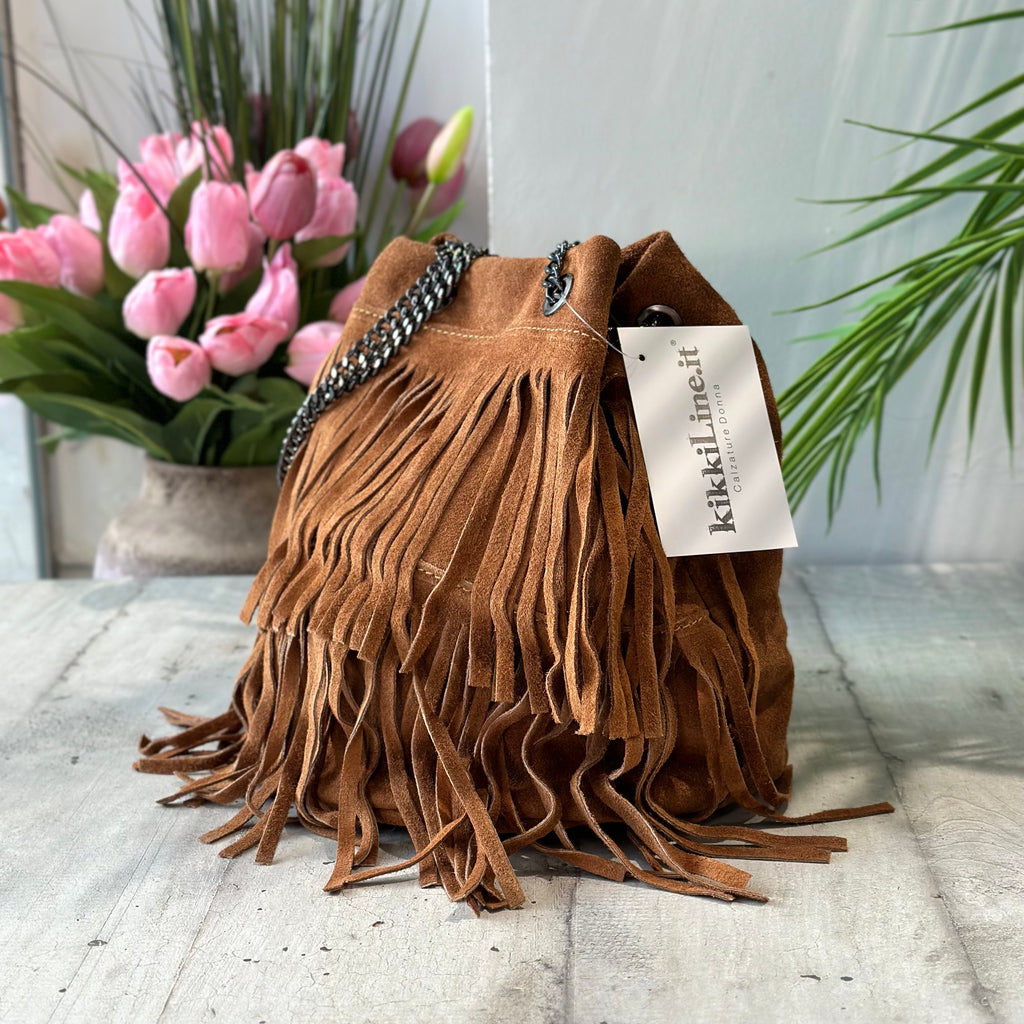 Bucket Bag with Leather Fringes in Suede - 2