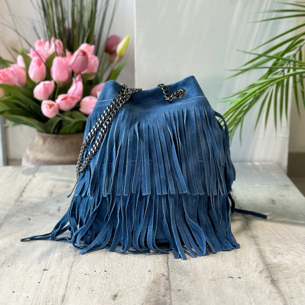 Borsa a Secchiello con Frange Navy Jeans in Pelle Scamosciata