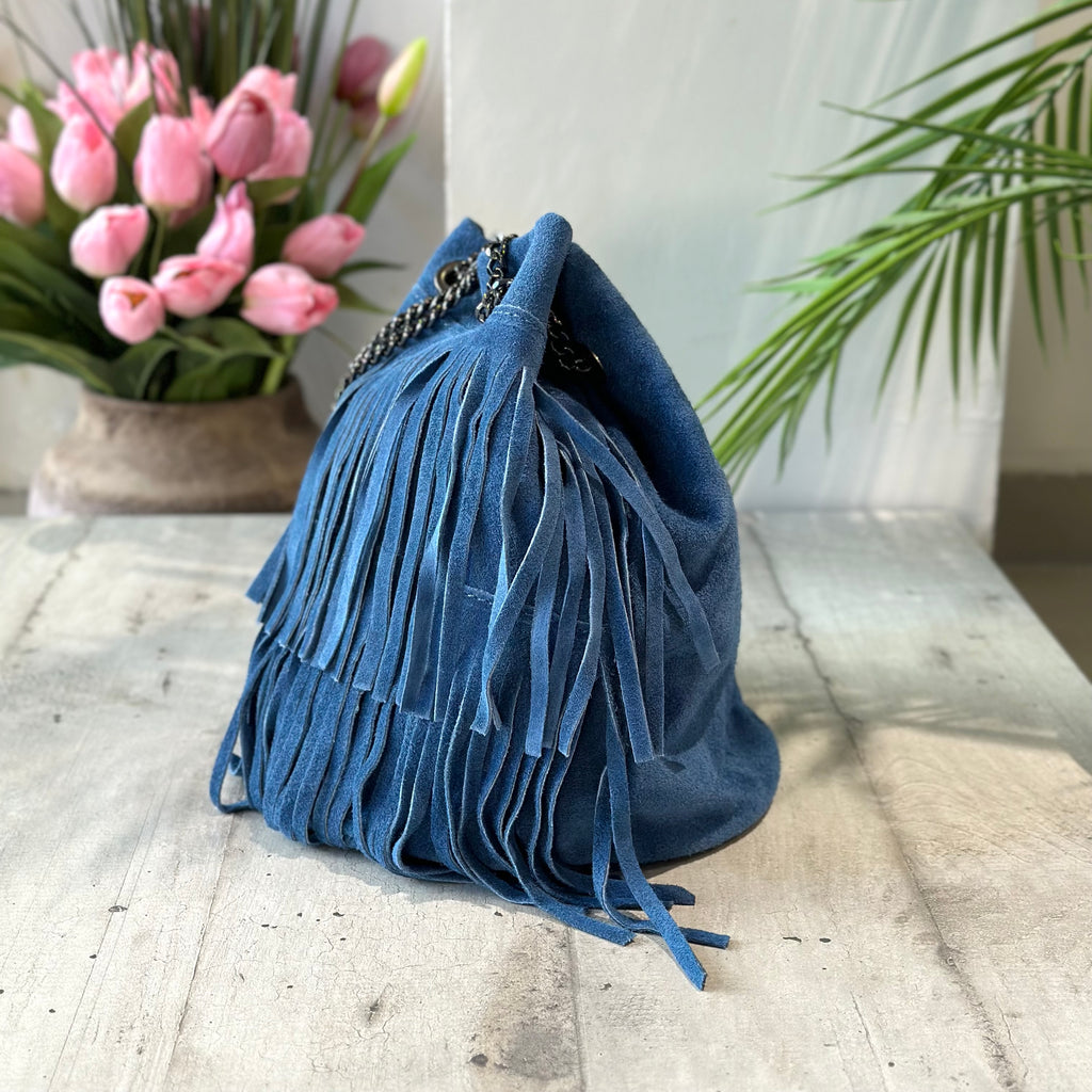 Borsa a Secchiello con Frange Navy Jeans in Pelle Scamosciata - 2