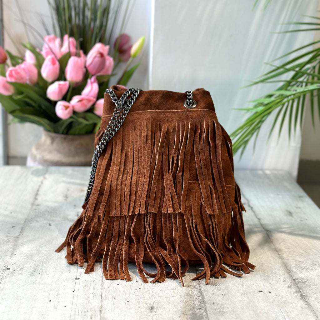 Sigar Bucket Bag with Fringes in Suede with Chain Strap