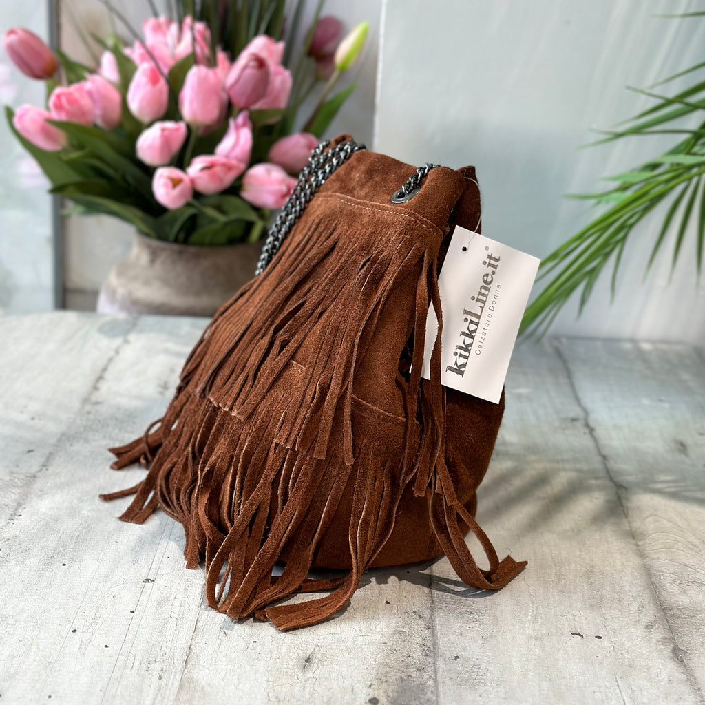 Sigar Bucket Bag with Fringes in Suede with Chain Strap - 2