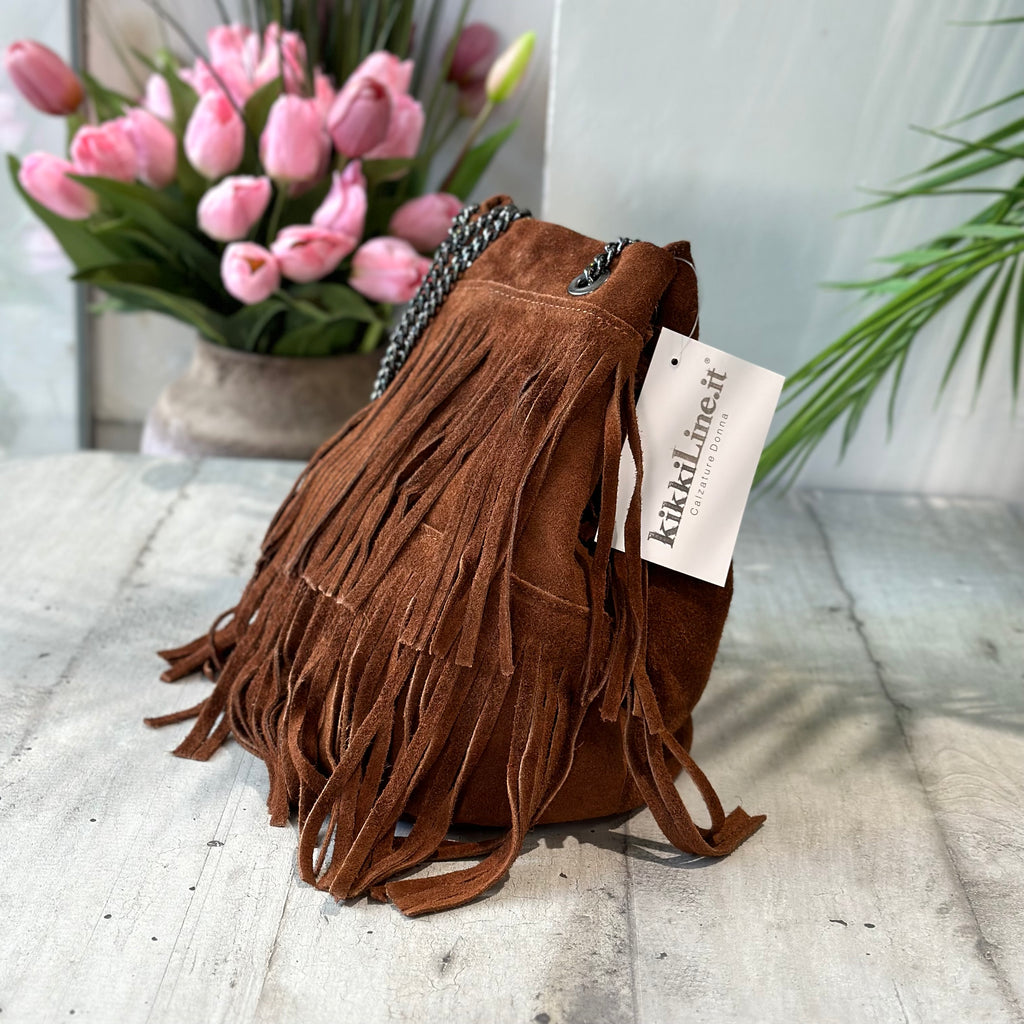 Borsa a Secchiello con Frange Sigar in Pelle Scamosciata Tracolla Catena - 2
