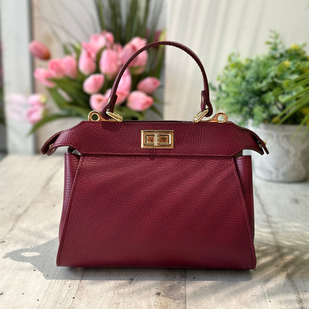 Handbag Briefcase Golden Details Elegant Bordeaux Genuine Leather - 3