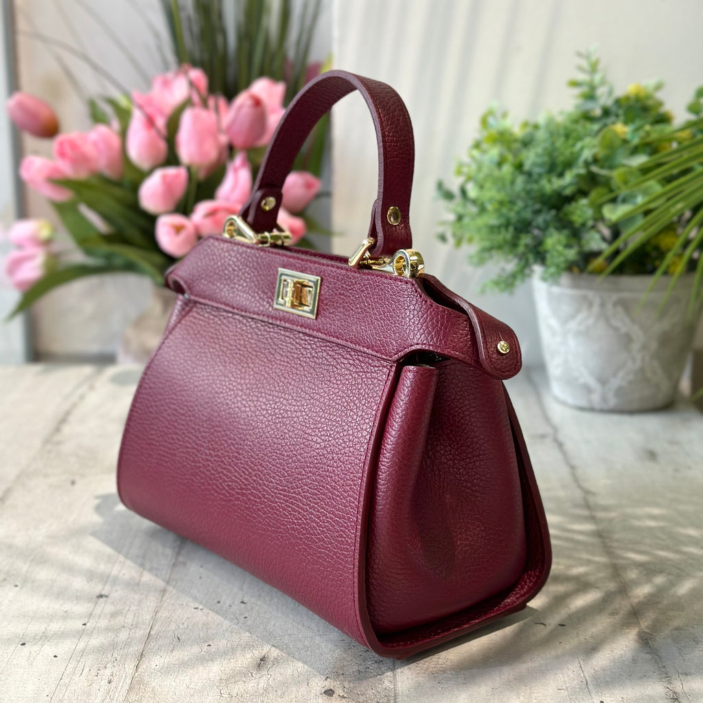 Handbag Briefcase Golden Details Elegant Bordeaux Genuine Leather - 2