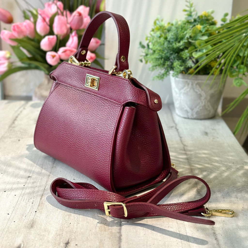 Handbag Briefcase Golden Details Elegant Bordeaux Genuine Leather