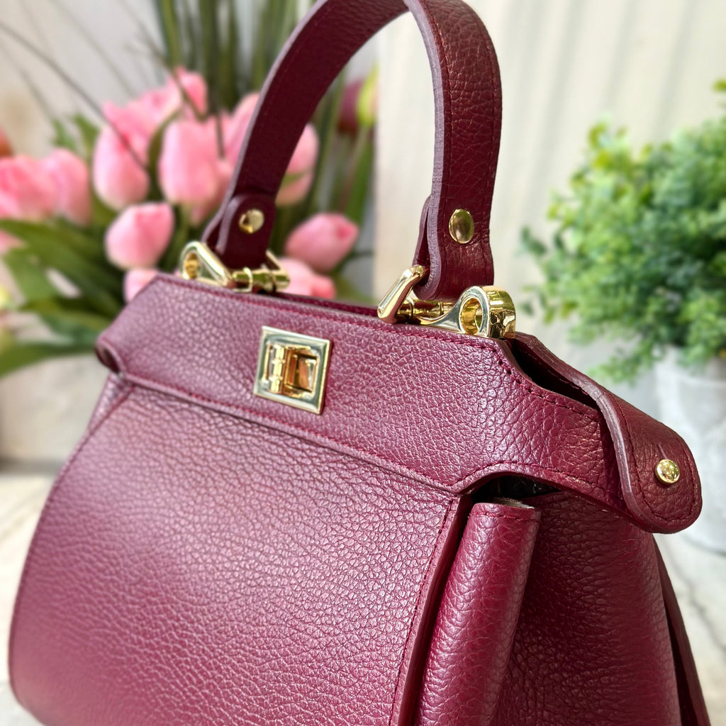 Handbag Briefcase Golden Details Elegant Bordeaux Genuine Leather - 4
