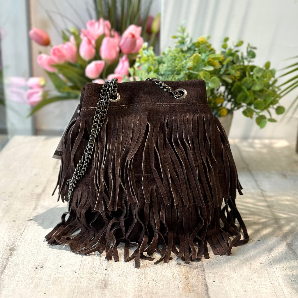 Sac seau à franges marron foncé en cuir suédé - Main Image