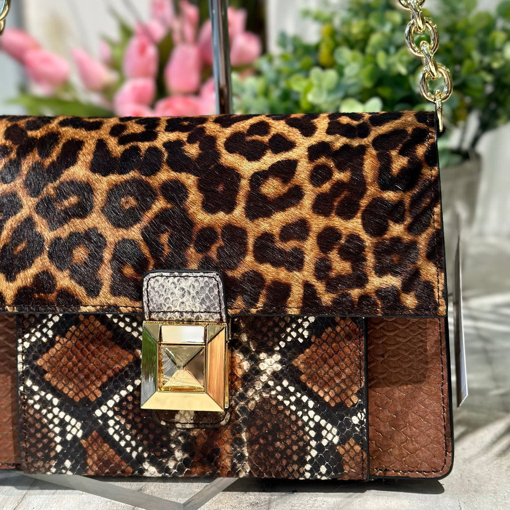 Borsa Patchwork Cartella in Pelle con Catena a Spalla e Tracolla Regolabile Cavallino - 2
