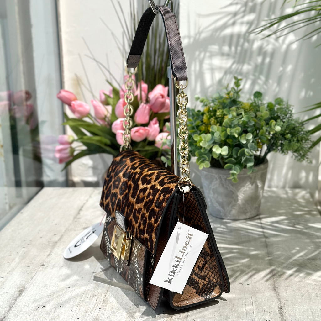 Borsa Patchwork Cartella in Pelle con Catena a Spalla e Tracolla Regolabile Cavallino - 4