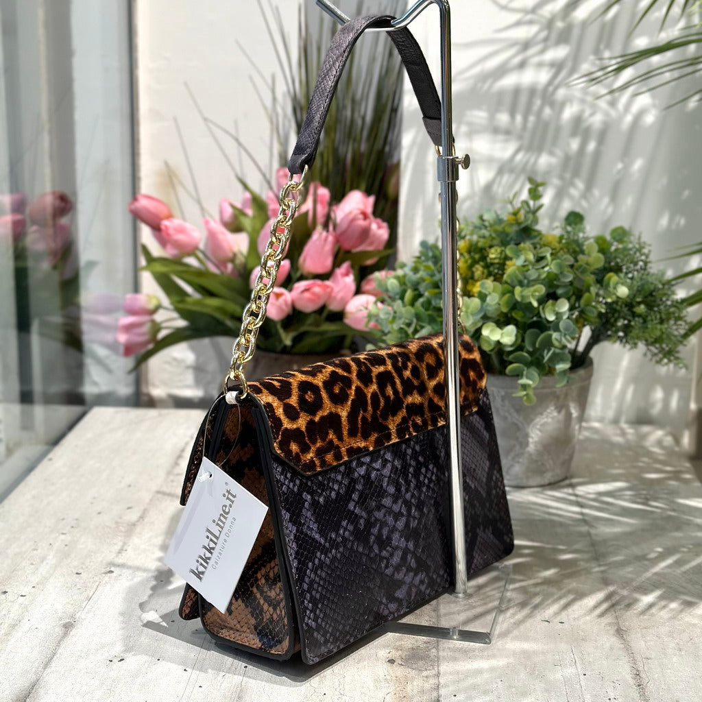 Borsa Patchwork Cartella in Pelle con Catena a Spalla e Tracolla Regolabile Cavallino - 3