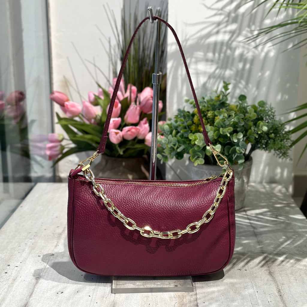 Borsa in Pelle Classica Bordeaux con Catena a Spalla - 3