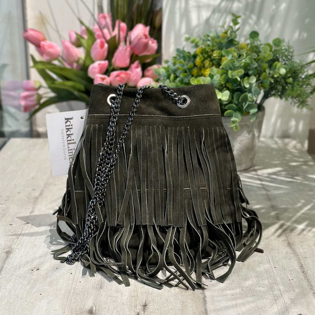 Green Suede Bucket Bag with Fringes