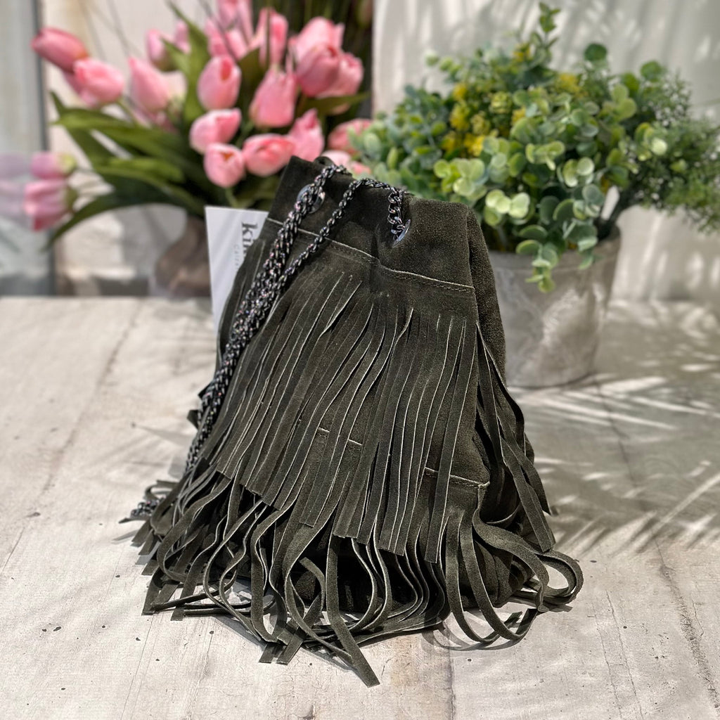 Green Suede Bucket Bag with Fringes - 2