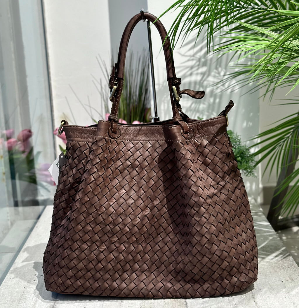 Large Hand Woven Bag in Luxury Genuine Leather with Brown Strap