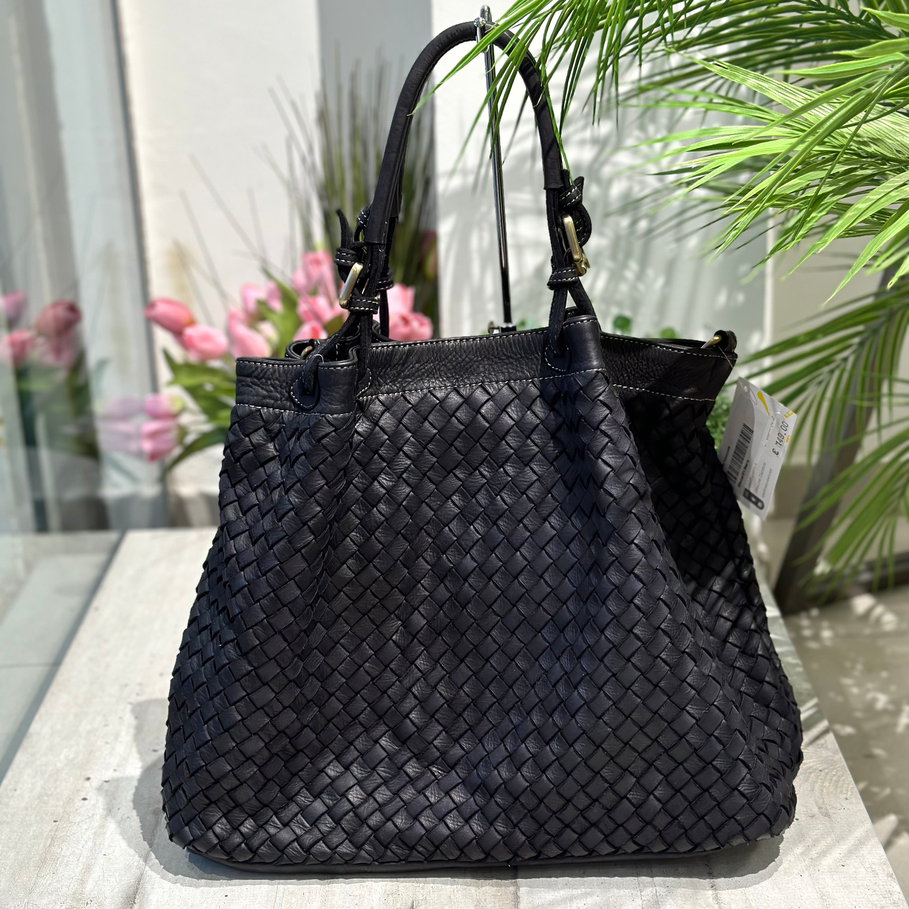 Large Hand Woven Bag in Luxury Genuine Leather with Black Strap