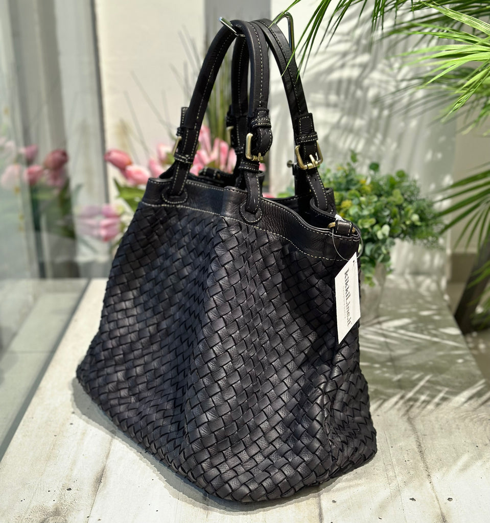 Borsa Grande Intrecciata a Mano in Vera Pelle Luxury con Traccola Nera - 2