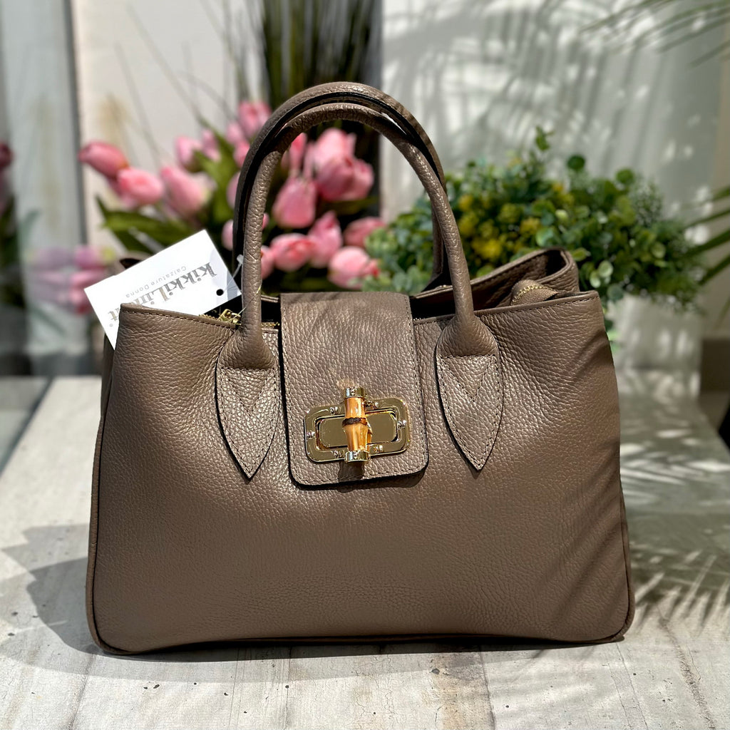 Große, geräumige Kofferhandtasche mit Bambusverschluss und taupefarbenem Echtleder-Reißverschluss - 3