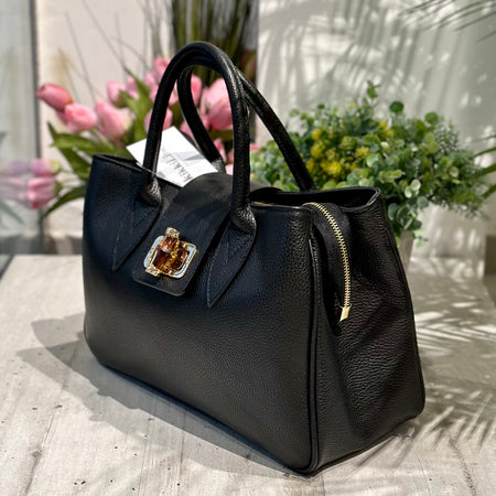 Borsa a Mano Baule Grande Capiente Chiusura Bamboo e Zip Vera Pelle Nera