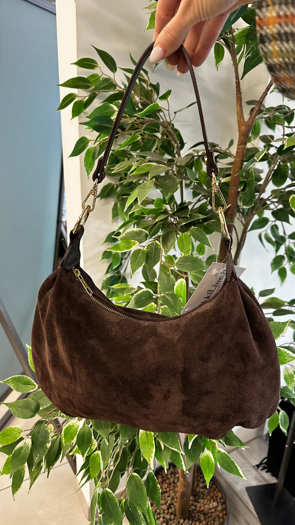 Borsa a Spalla Anelli Dorati Pelle Scamosciata Marrone Cioccolato Plissettata