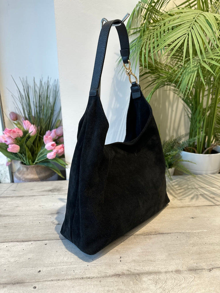 Borsa a Spalla a Sacca in Vera Pelle scamosciata Bagus Nera - 2