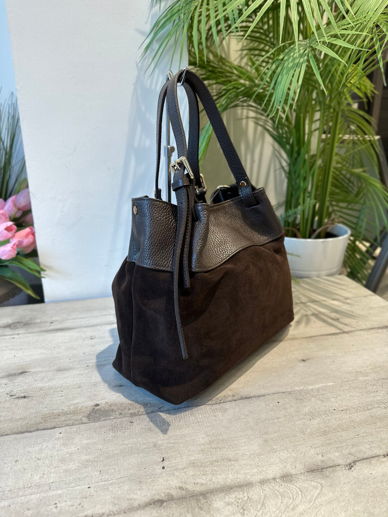 Borsa a Secchiello Pelle Scamosciata e Vera Pelle Marrone Cioccolato Fondente RICCIO - 2