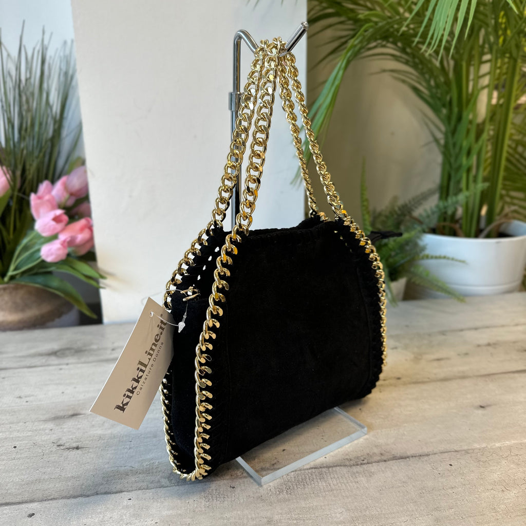 Borsa con Catena Dorata in Pelle Scamosciata Nera Marty - 2