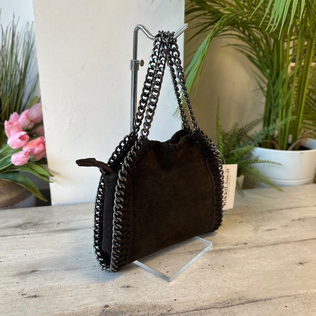 Borsa con Catena Dorata in Pelle Scamosciata Marrone Scuro Marty - 2