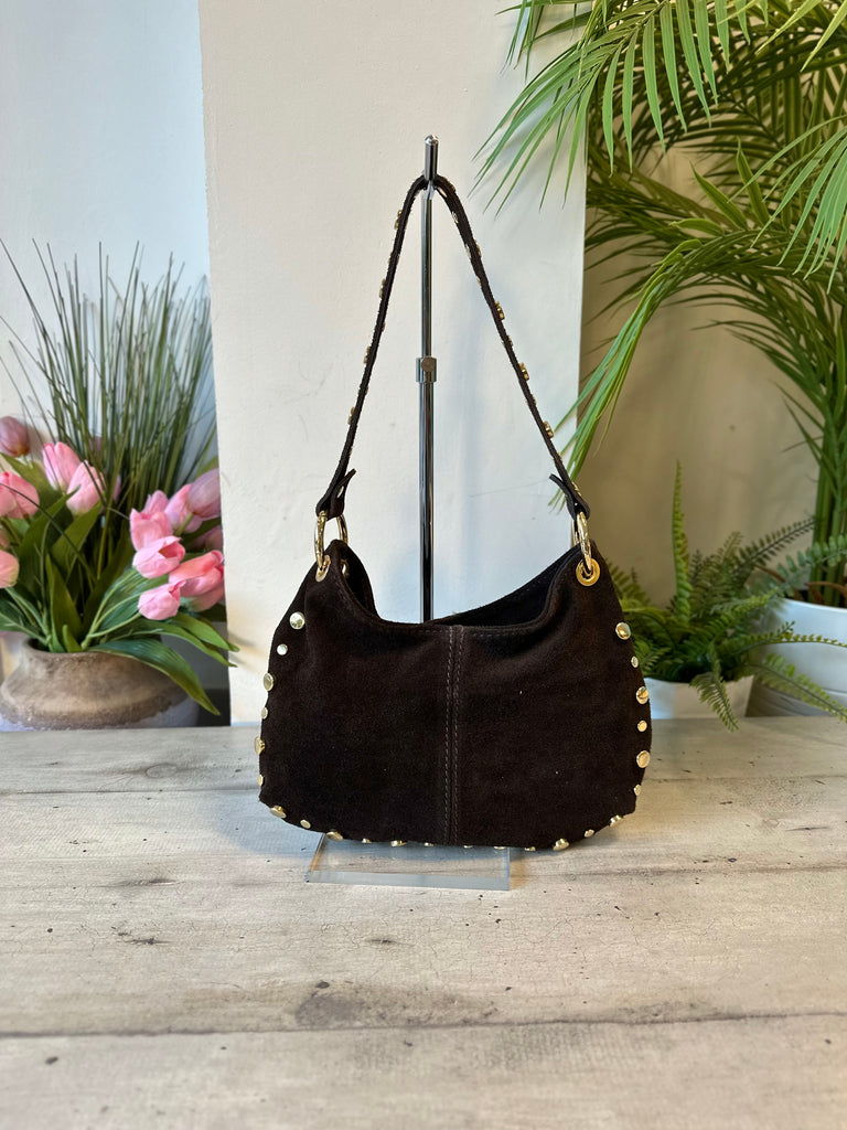 Borsetta Borchiata a Spalla Vera Pelle Scamosciata Marron ROCK - 3