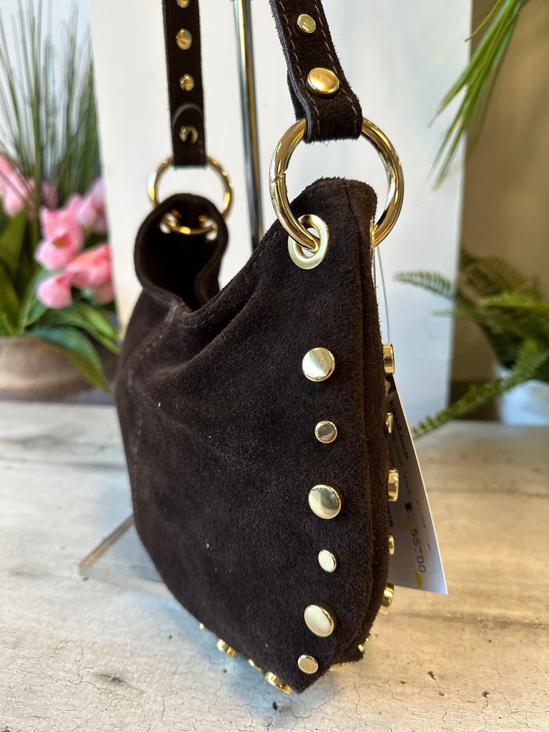 Borsetta Borchiata a Spalla Vera Pelle Scamosciata Marron ROCK - 2