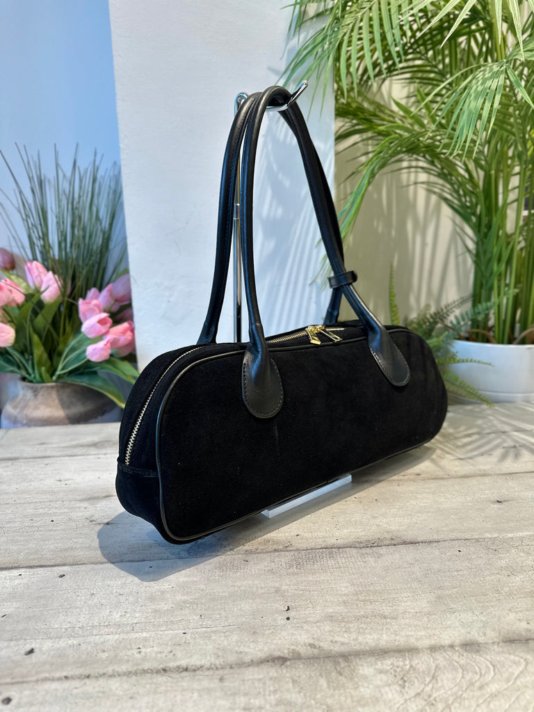 Borsa con forma a Baguette Lunga Pelle Scamosciata Nera - 3