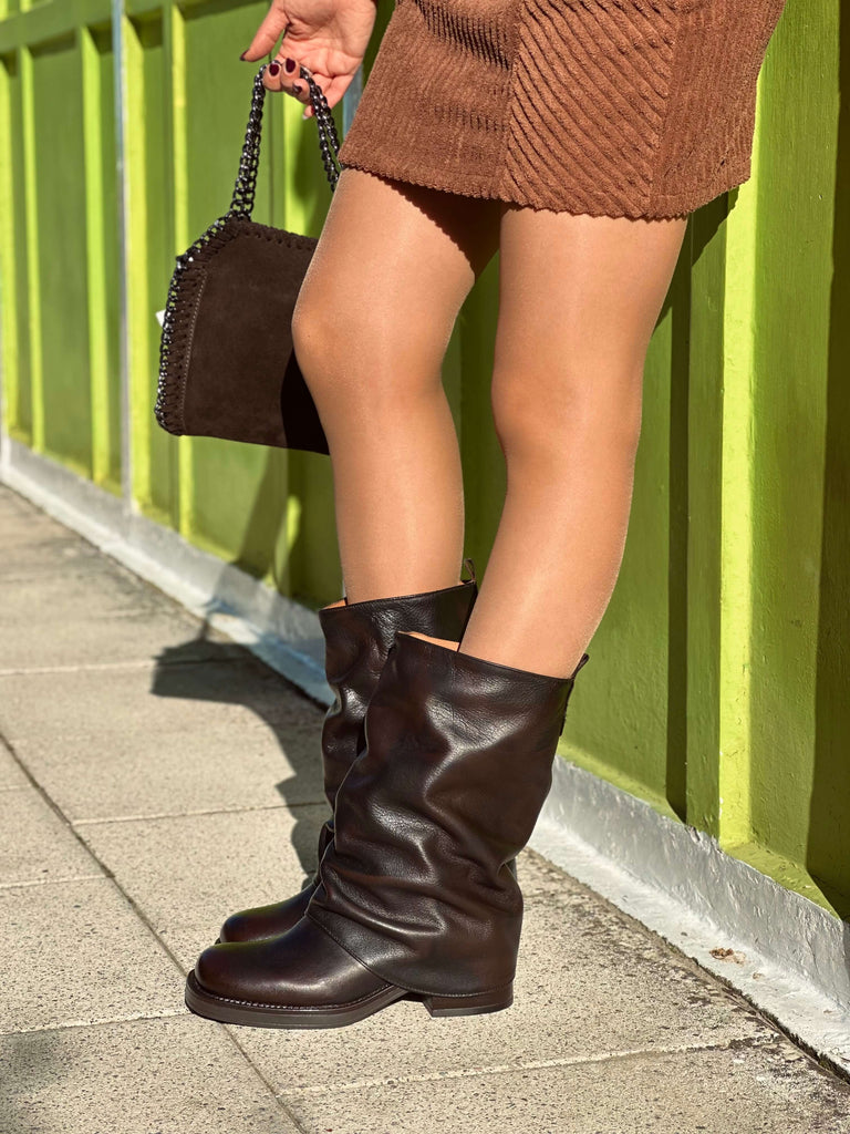 Biker mit Gamasche, quadratische Zehenpartie, mittelhoch, echtes dunkelbraunes Leder - 2