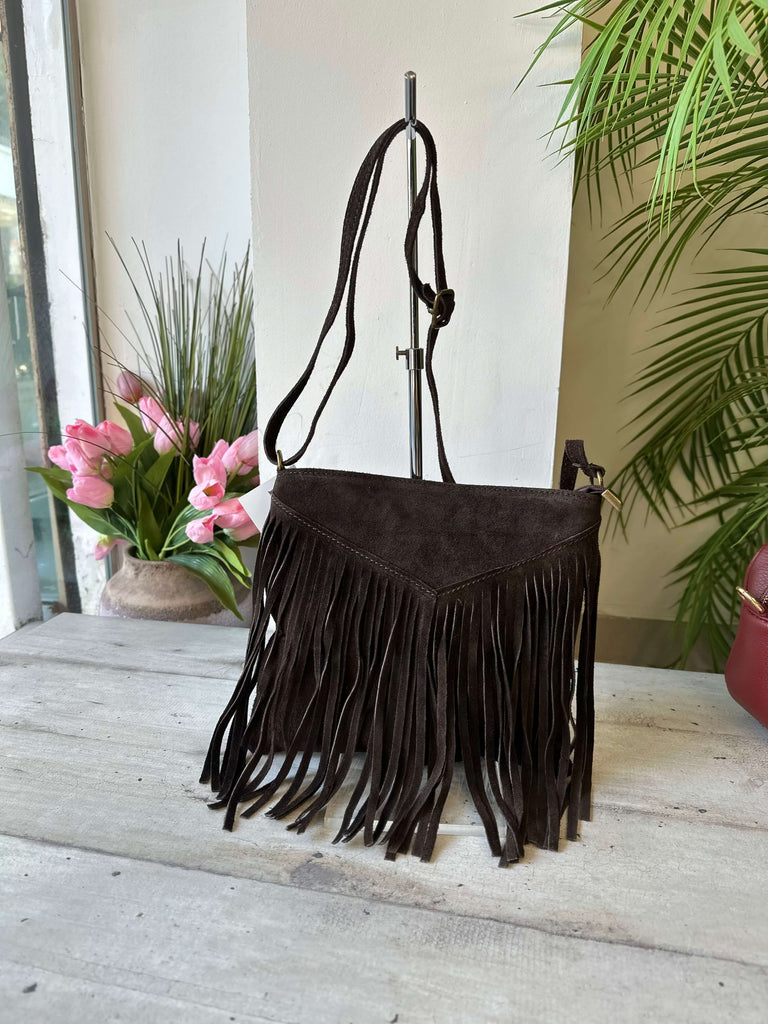 Umhängetasche aus echtem Wildleder mit Fransen – Schokoladenbraun - 2