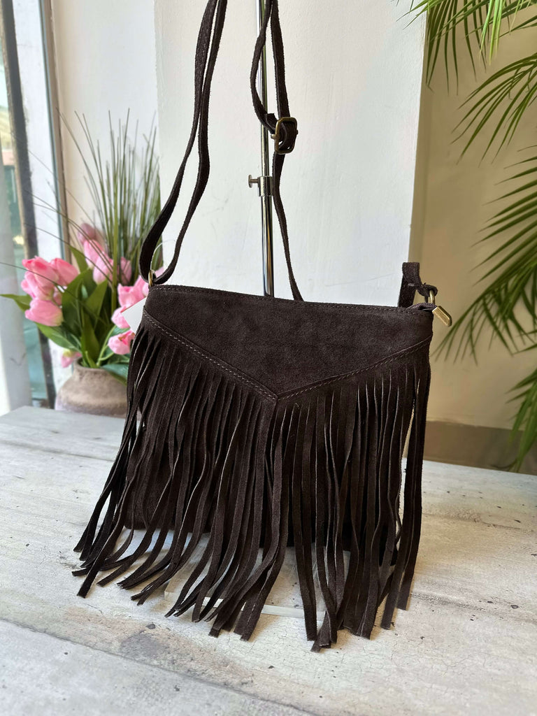 Umhängetasche aus echtem Wildleder mit Fransen – Schokoladenbraun - 3