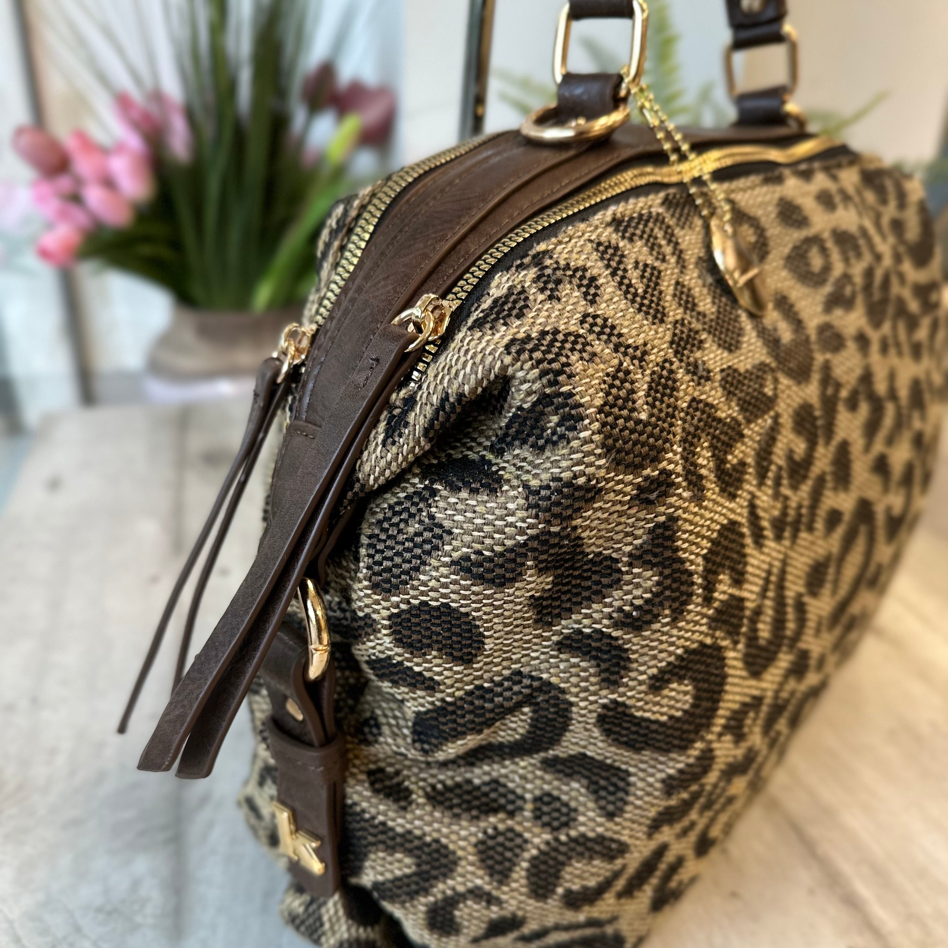 Borsa a Valigetta Grande Leopardata Finta Pelle Marrone ELENA