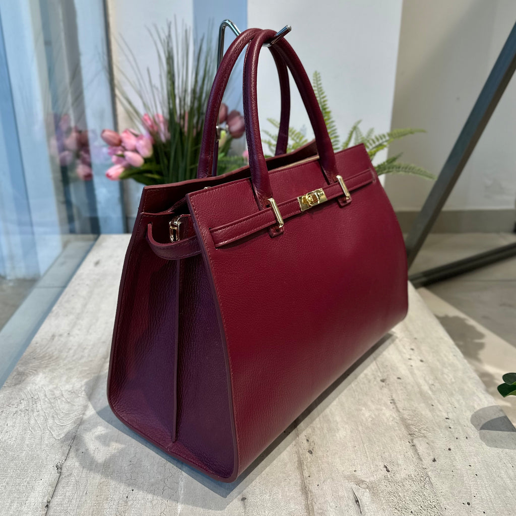 Large Red Bordeaux Bag Golden Accessory Semi-Rigid Roomy Genuine Leather "GILDA" - 2