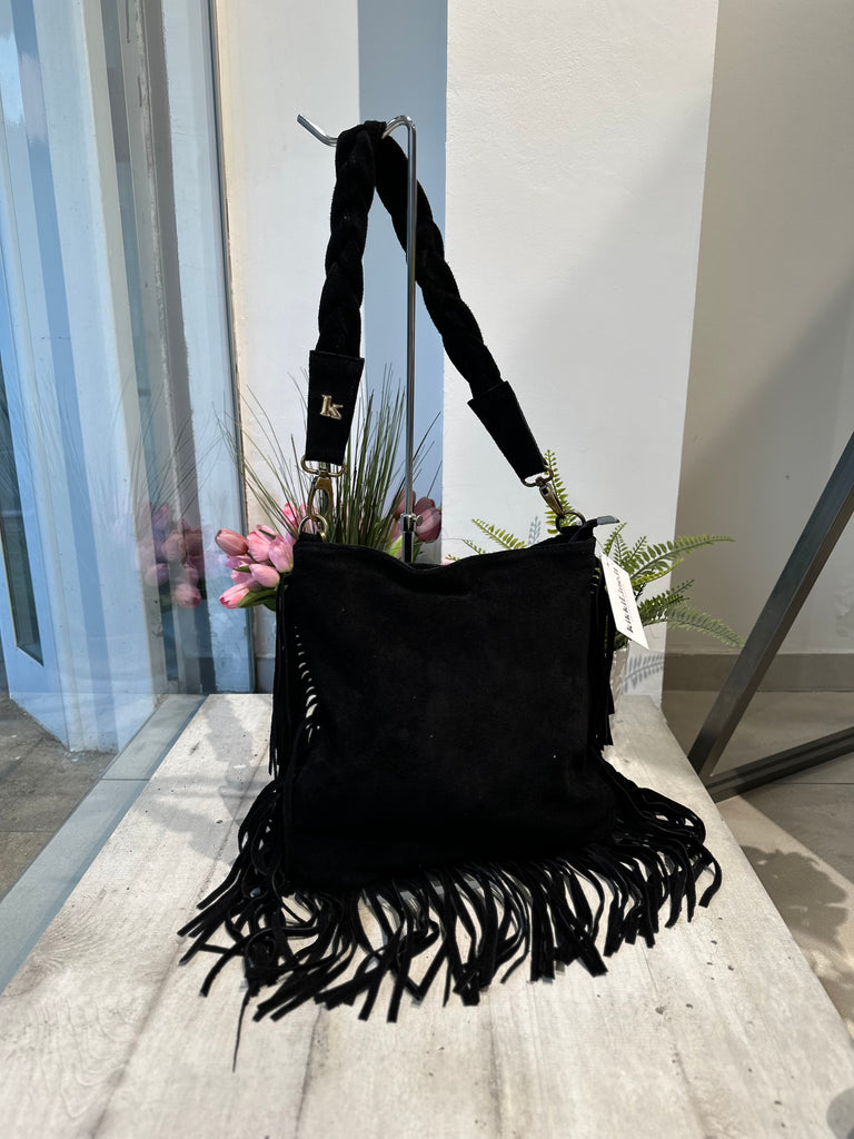 Borsa Quadrata con Frange a Spalla Manico Intrecciato Pelle Scamosciata Nero ISABEL