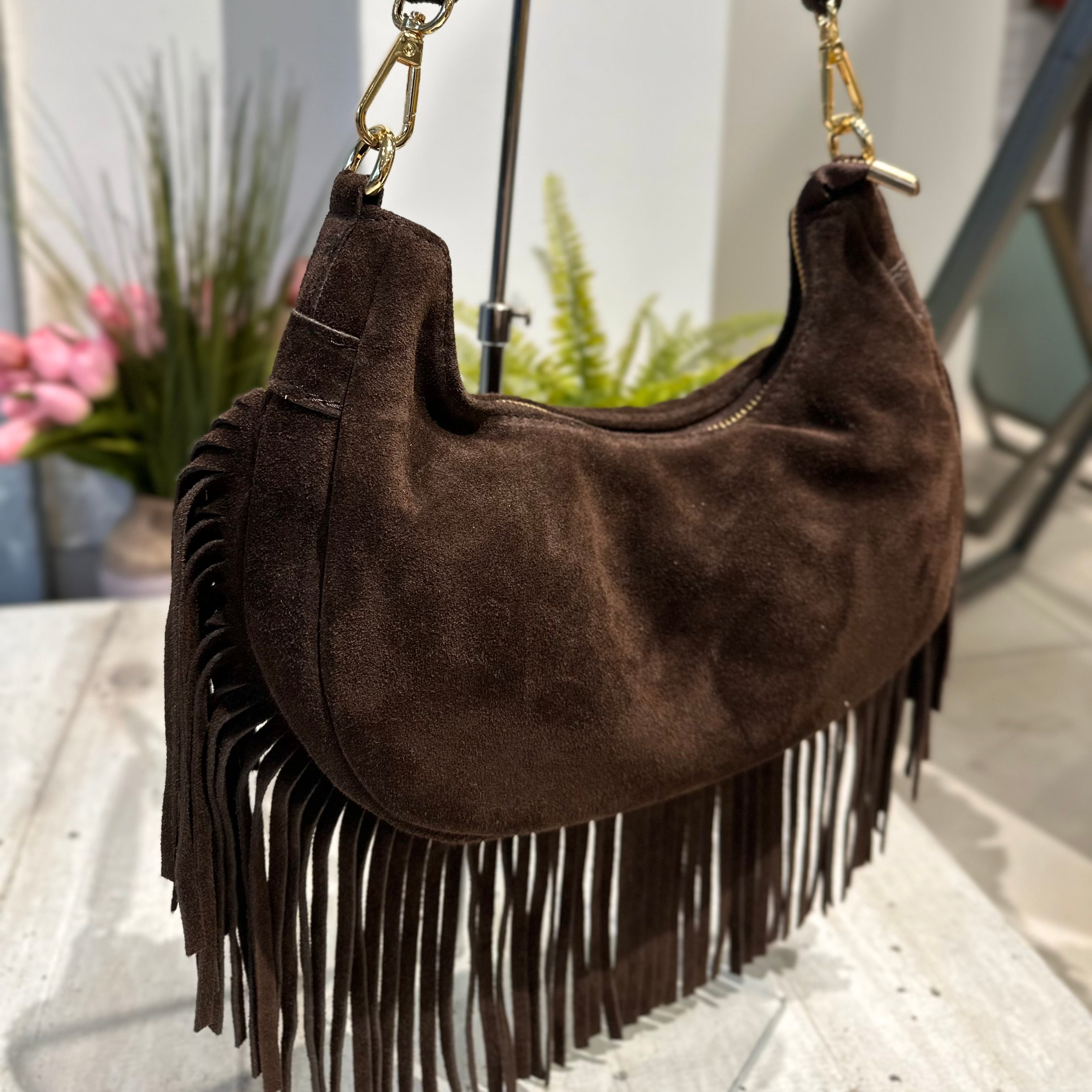 Leather Borsa Frange Pelle Pelle Scamosciata Borse Pelle Marrone