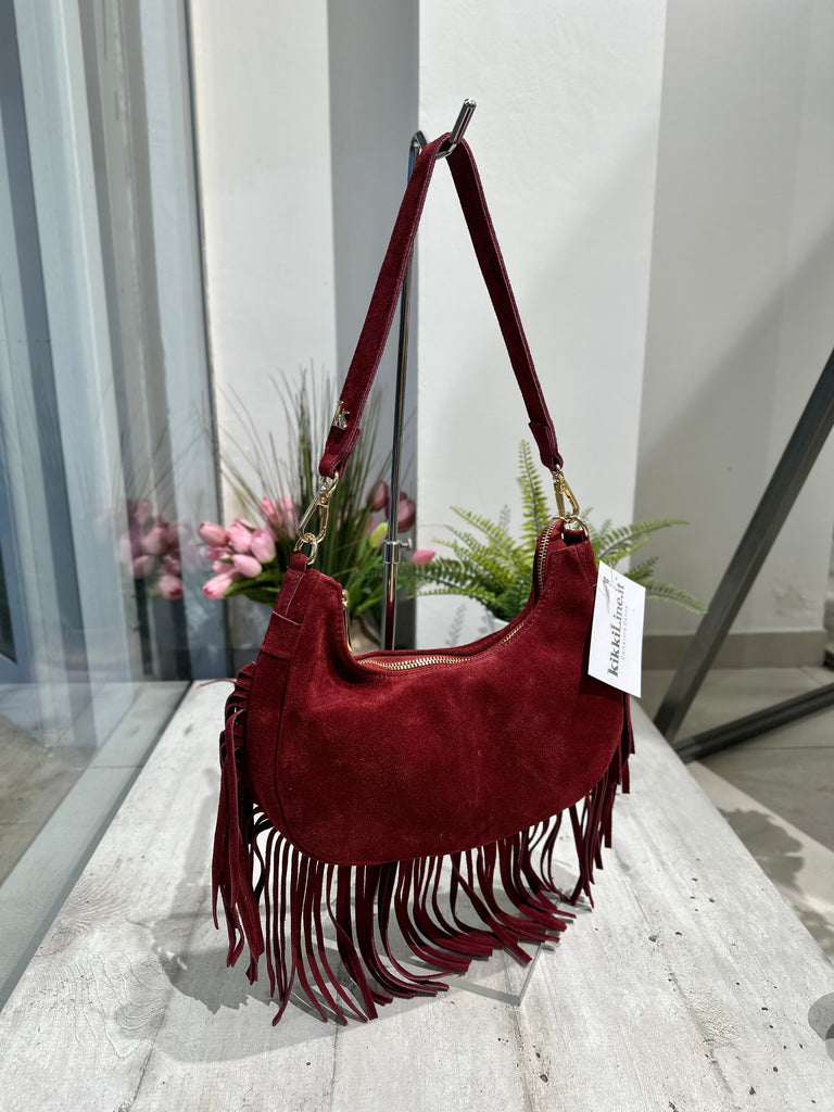 Borsa con Frange in Vera Pelle Scamosciata a Mezzaluna Bordeaux ARYA - 2