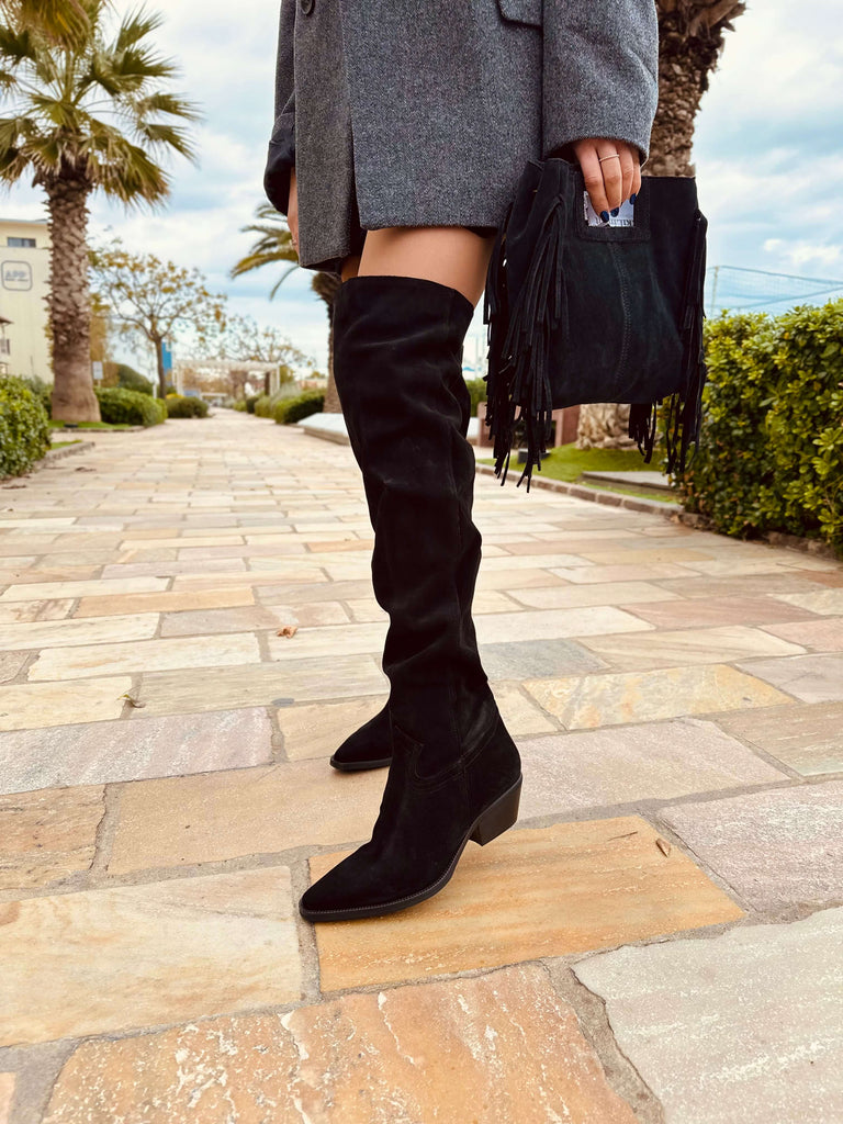 Texani Alti al Ginocchio in Pelle Scamosciata Sfoderati e Morbidi Neri - 2